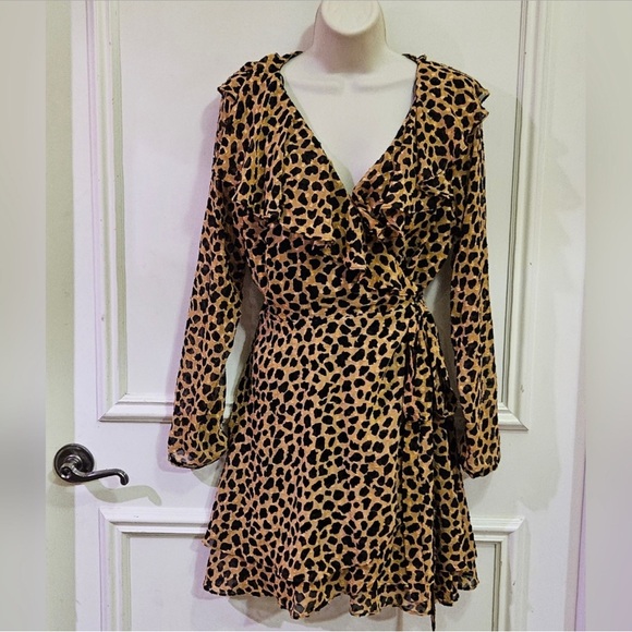 Free People Dresses & Skirts - Free People Leopard Print Wrap Dress with Ruffles - Size M